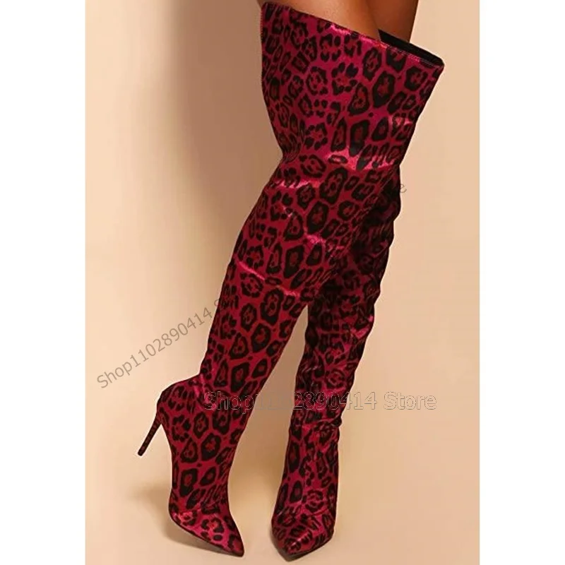 

Red Leopard Print Thigh High Pointed Toe Boots Back Zipper Women Shoes Thin High Heels Fashion Runway 2023 Zapatos Para Mujere