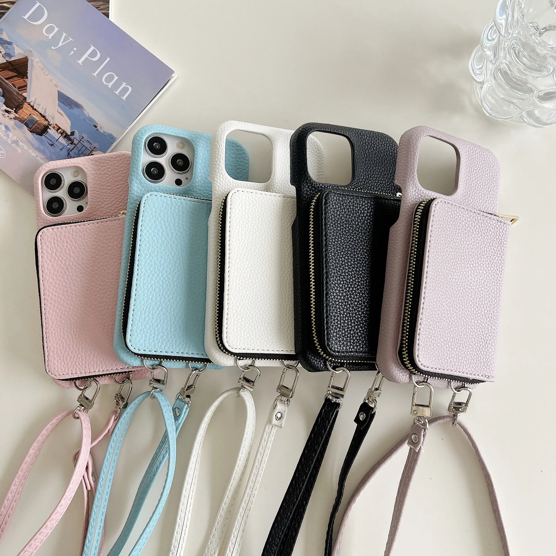 Wallet Shoulder Strap Case for iPhone 17 13 12 11 14 15 16 Pro Max Plus Zipper Lady Leather Card Pocket Lanyard Cover