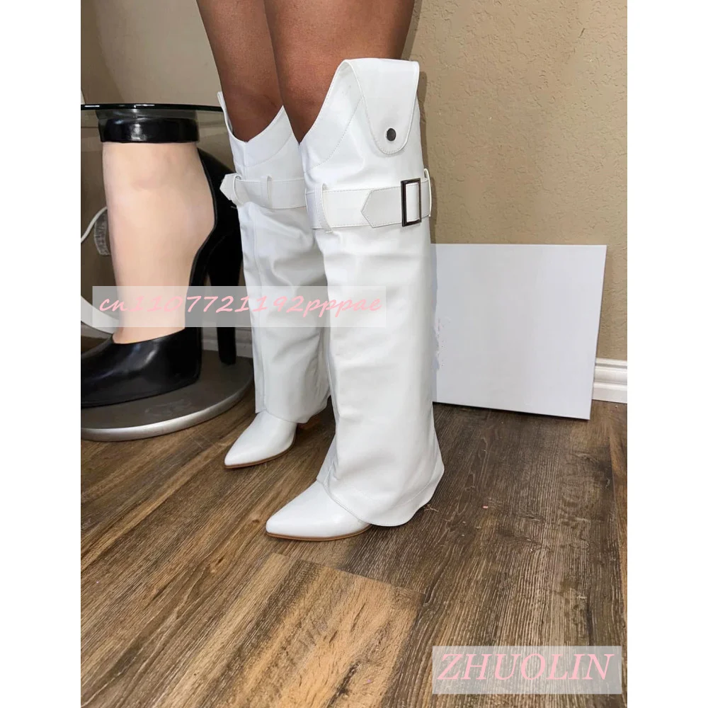 Women Knee High Cowboy Boots White Faux Leather Wide Cuff Buckle Fold Over Pointed Toe Low Western Heel Fashion Party Tall Boots