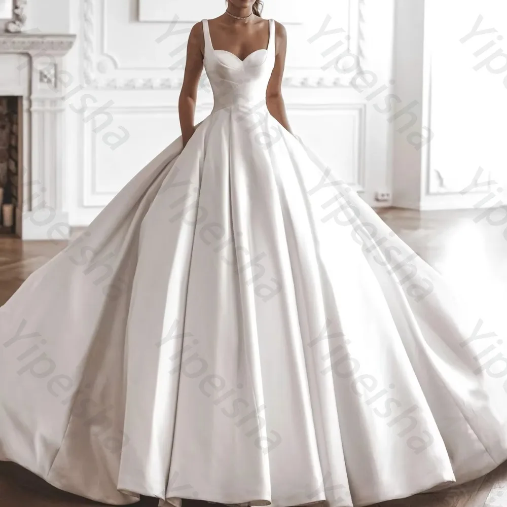Customized Satin Off Shoulder Sleeveless Wedding Dresses Backless Cathedral Train Evening Dress High Quality Prom Party Gowns