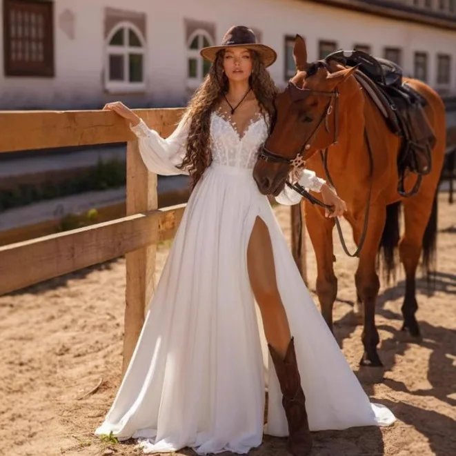 

French light wedding dress bridal long-sleeved V-neck split lace door yarn fishtail trailing thin banquet dresses sweet cloth