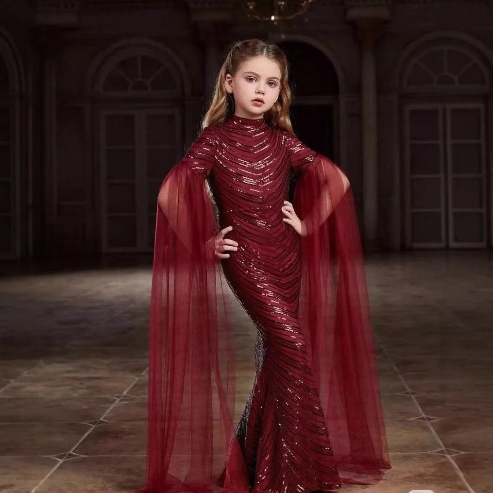

Flower Girl Wedding Dresse Swine Red Princess Dress Fishtail Sequin Gowns High Collar Graduation Prom Evening Gown Customized