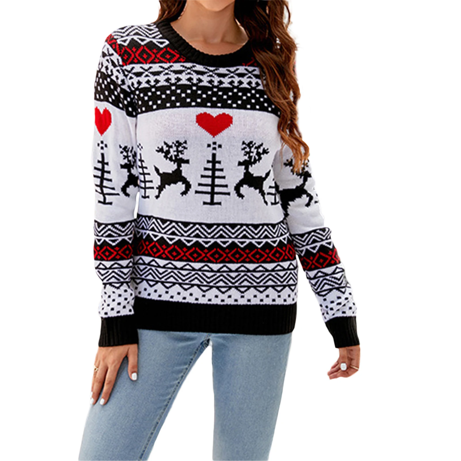 Women Cute Crew Neck Sweater Christmas Print Long Sleeve Pullover Tops Xmas Knitwear for Fall Warm Streetwear