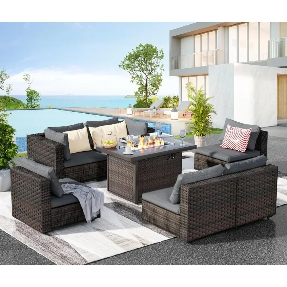 Patio Furniture Set 7 Pieces with Fire Pit Table Patio Sectional Furniture Sofa Chair Sets, PE Rattan Couch Conversation Set