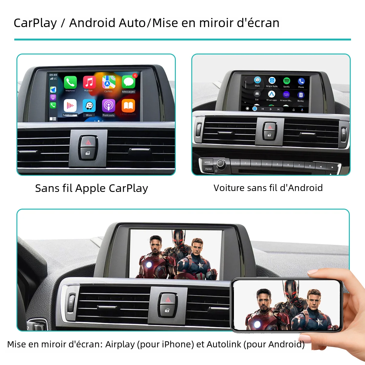 CarPlay sans fil pour BMW, décodeur automatique Android, NBT, CIC, EVO, CCC, série 1, 2, 3, 4, 5, 7, E70, F10, F25, F26, F48, MINI Tage, X5, X6,