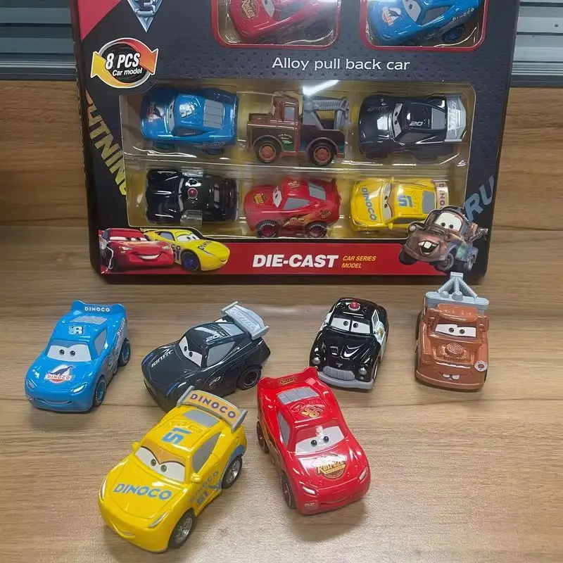 Set Of 6-8 Disney Pixar Cars, 3 Alloy Die-Casting Model Ornaments, Pull Back Cars, Including Lightning Mcqueen Jackson Storm Toy