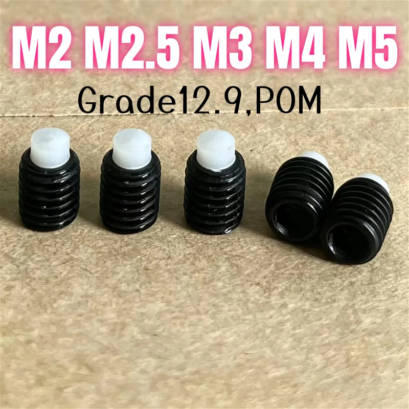 M2 M2.5 M3 M4 M5 Black Grade12.9 High Strength Hex Socket POM Plastic Nylon Dog Convex Point Tip Grub Headless Bolts Set Screws
