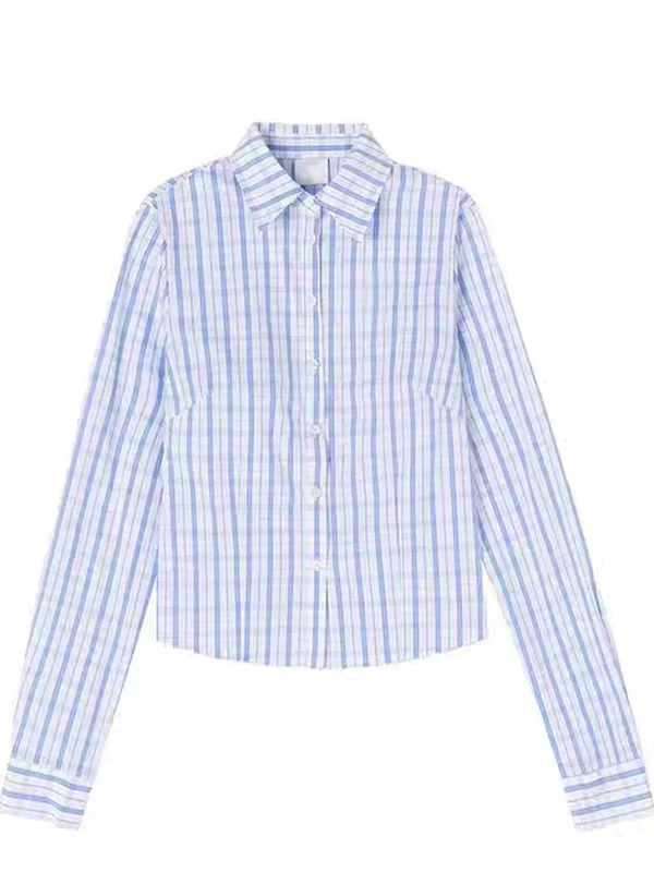 

Синяя полосатая женская рубашка с длинным рукавом, новая модель весна-осень, простая, элегантная, с завышенной талией, утягивающая, универсальная.