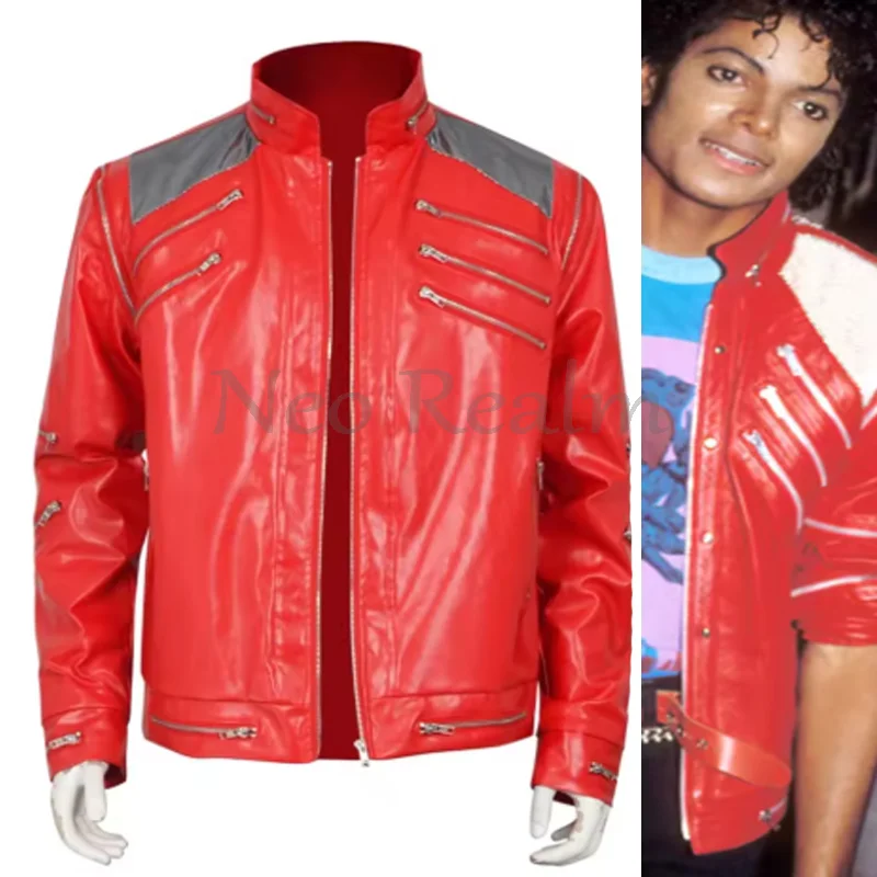 Herren Michael Jackson Cosplay Kostüm Rote Kunstlederjacke Pop-Star Outfit Halloween Party Kleidung