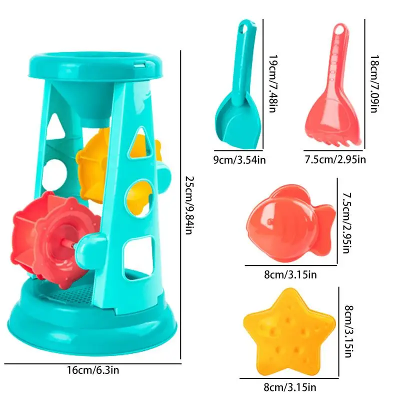 Juego de arena de playa portátil para niños, juguete de playa de 5 piezas, molino de viento, reloj de arena con moldes y palas