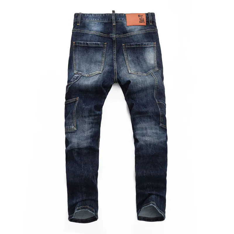 High Street Men's Jeans Patch Washed Nostalgic Stretch Slimming Blue Jeans High Street Designer Hip Hop Brand Straight Pants Hom