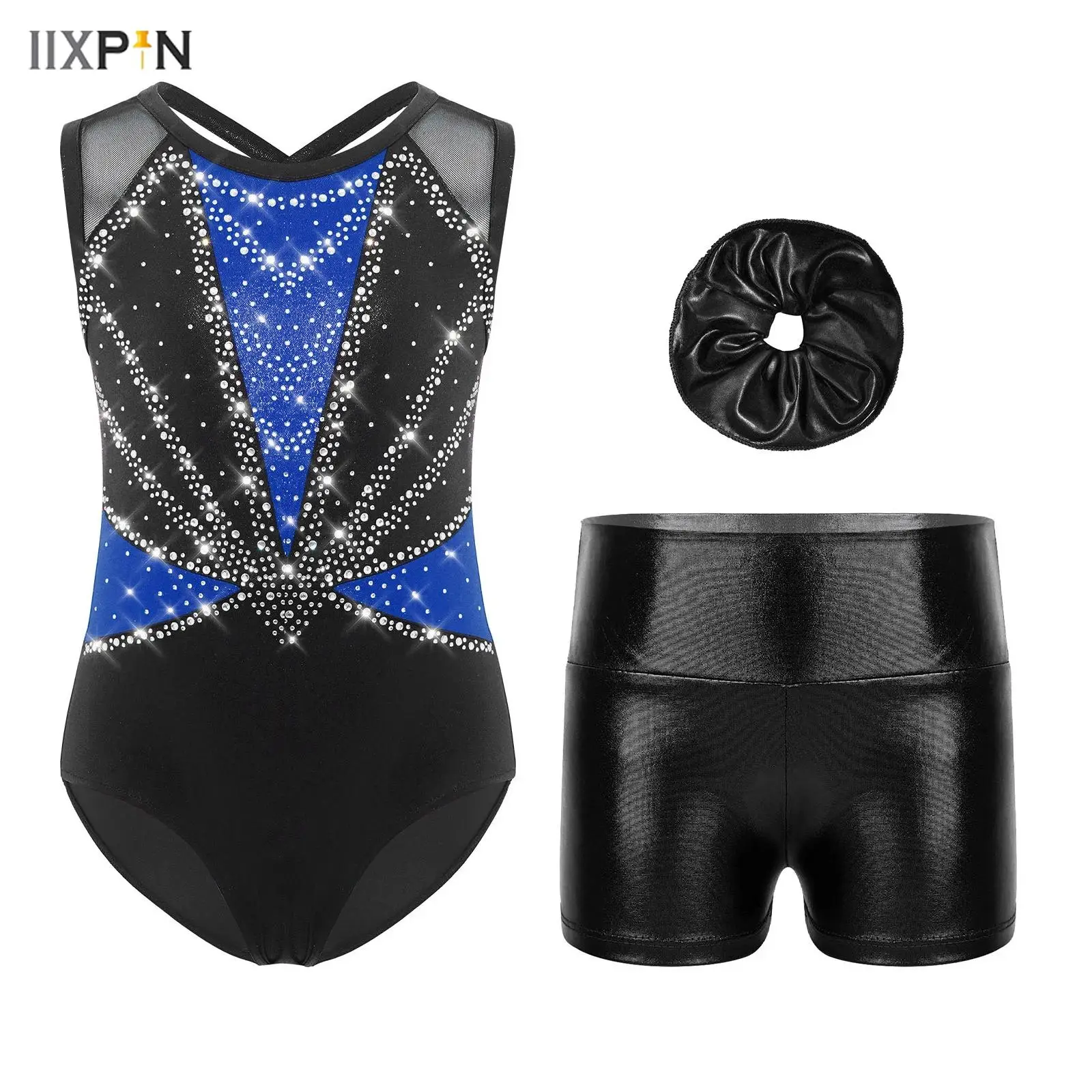 

Kids Girls Gymnastics Figure Skating Dance Costumes Shiny Rhinestones Sleeveless Crisscross Back Leotard+Shorts+Headwear 3Pcs