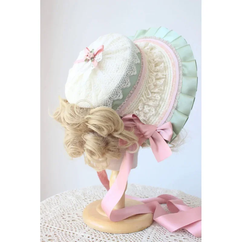 Pink Green Classic Straw Hat Lolita Girl Lace Bowknot Bonnet Flat hat Tea Party Gorgeous Fairy All-match Women Children's Cap