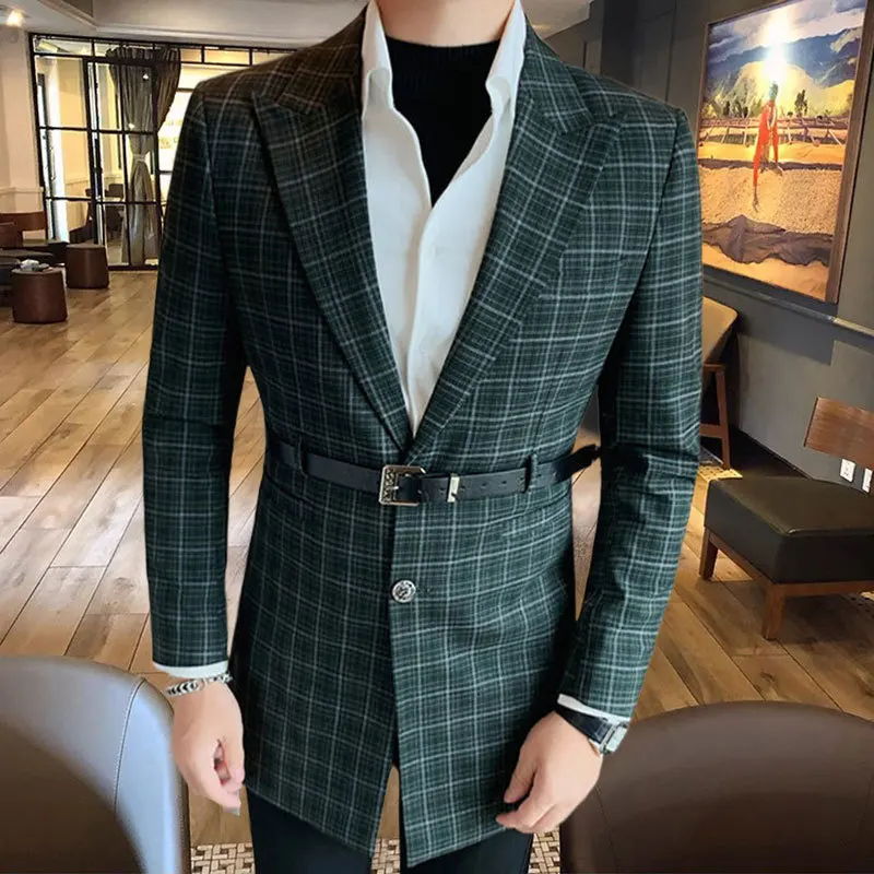 High Quality Belt Buckle Checked Blazer Men Luxury Elegant Blazer Homme Wedding Business Dress Social Banquet Plaid Jacket