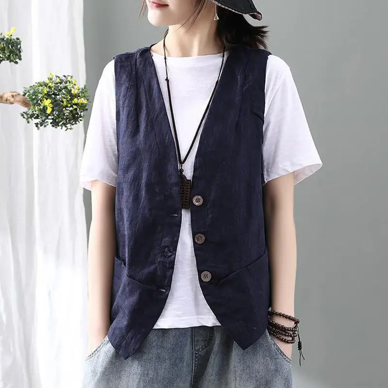 Women Fashion Cotton Sleeveless Jackets Waistcoats Vintage V-Neck Backless Lace Up Vest Female Chic Lady Tank Tops YC134