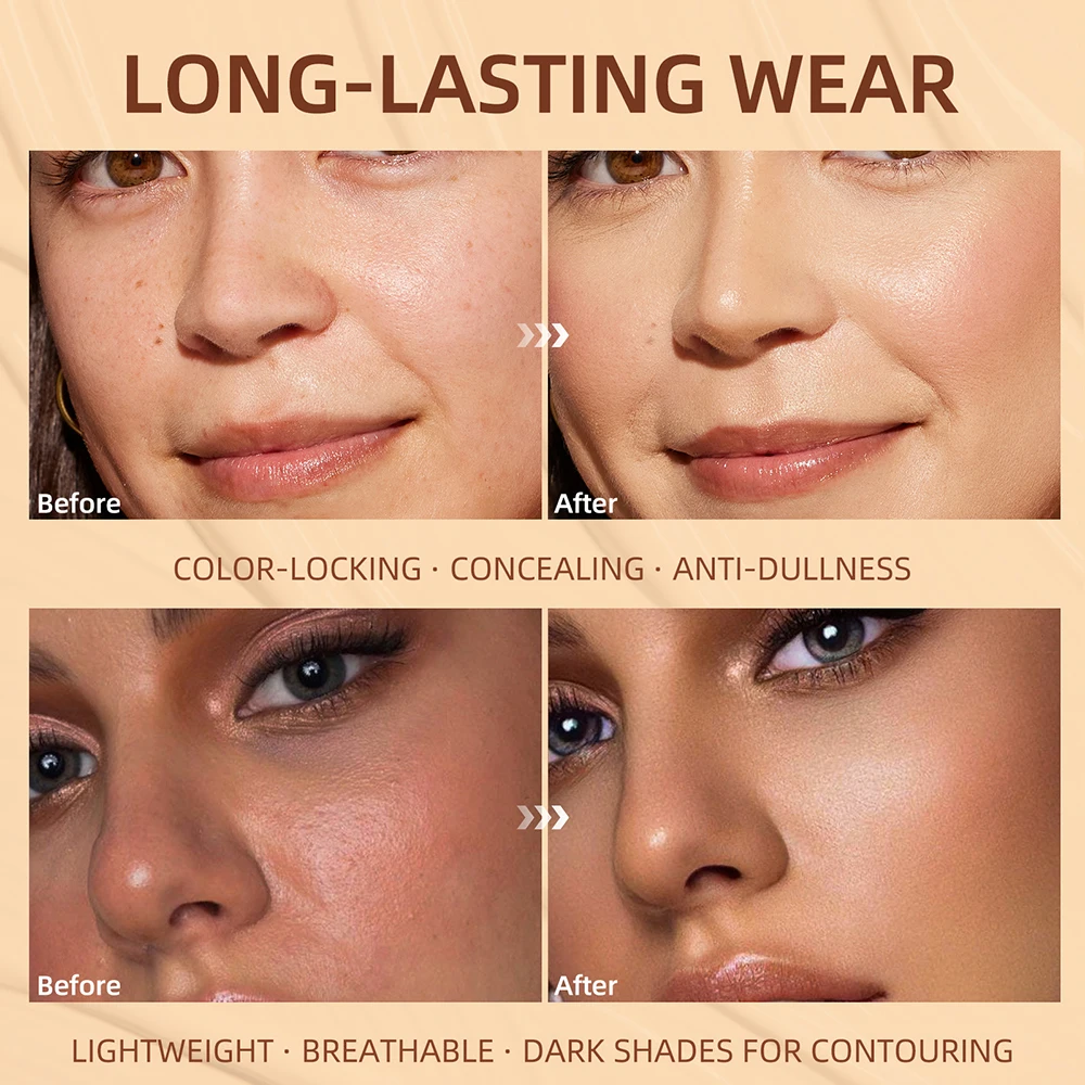 QIBEST Waterproof Cream Foundation Moisturizing Matte Full Coverage Acne Scars Brighten Skin Tone Pressed Powder Lasting Makeup