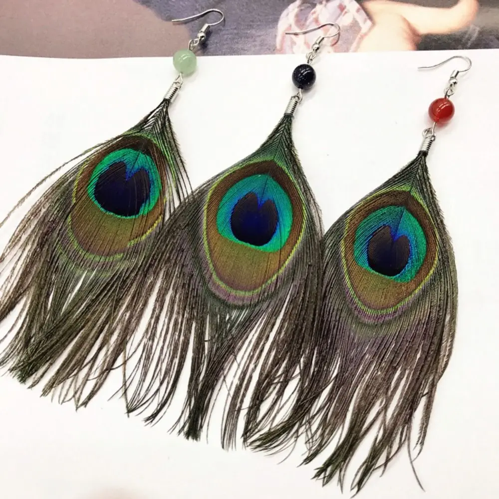 Style Gift Jewelry Accessories Retro National Style Bohemian  Jewelry Women Dangle Earrings Jade Bead Peacock Feather Earrings