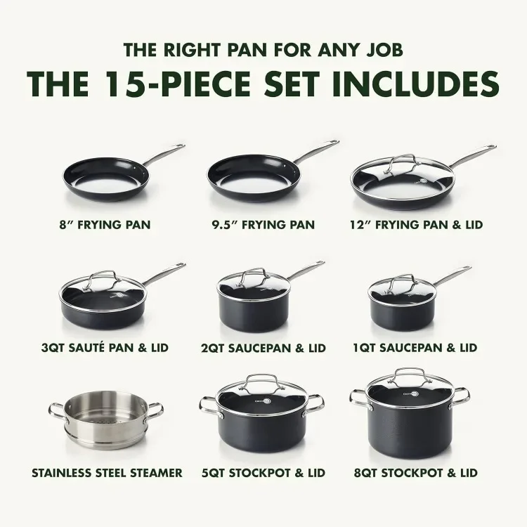 Chatham Prime Midnight Hard Anodized Healthy Ceramic Nonstick, 15 Piece Cookware Pots and Pans Set, Saute, Saucepan