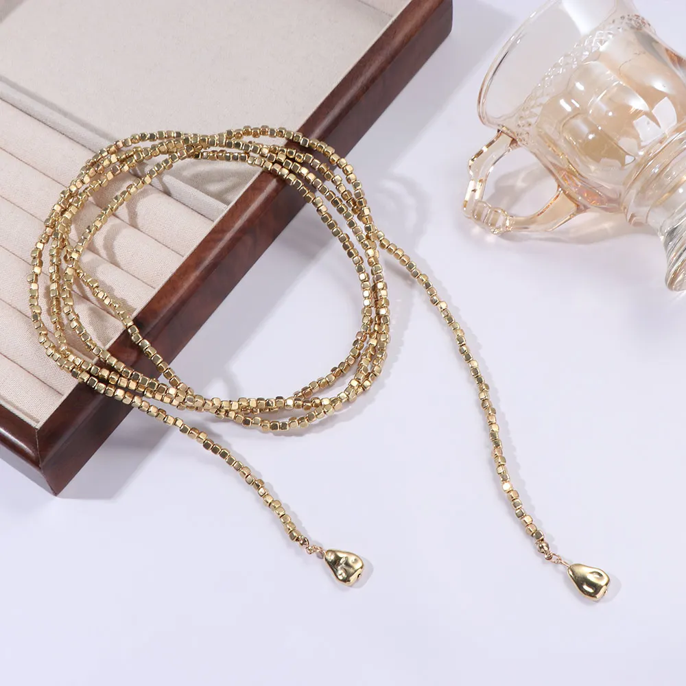 Creative Long Square Bead Necklace Vintage Geometric Layered Collarbone Chain Elegant Alloy Sweater Chain Party