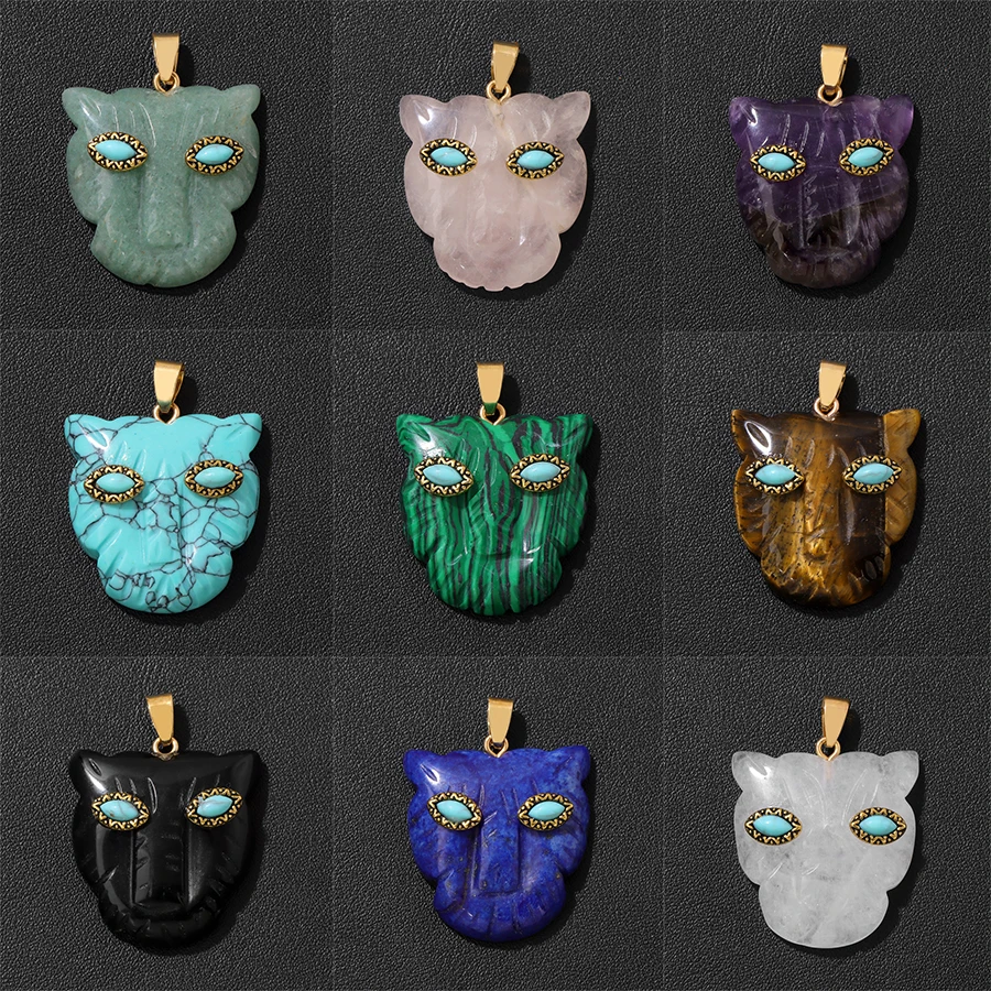 

2 шт., резной натуральный камень ручной работы, подвеска в виде головы леопарда, модные бусины с тигровым глазом и аметистами, подвески для самостоятельного изготовления ювелирных изделий 30 мм