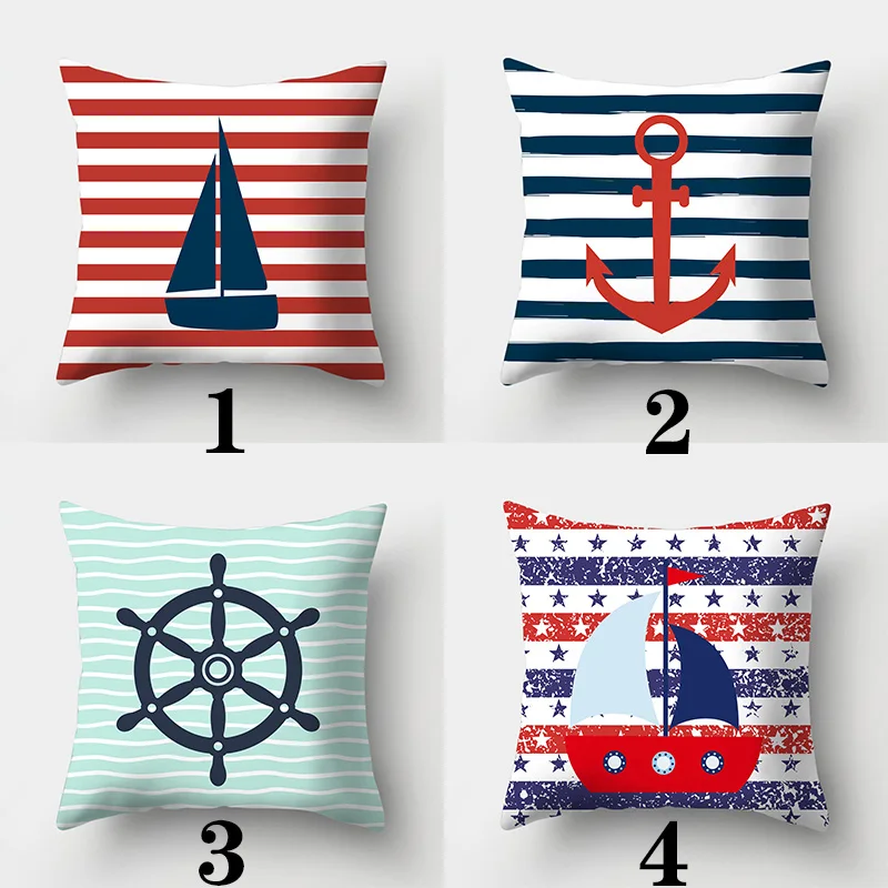 Home Decor Sailor Style Pillowcase Square Sofa  Marine Theme Printed Cushion Cover for Bedroom Living Room 45cmX45cm