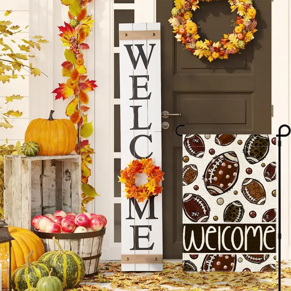 Fall Decor Football Garden Flag 12x18 Double-Sided for Outside, Welcome Autumn Soccer Polka Dot Decor Small Burlap Yard Flag Tha