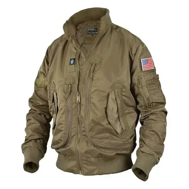 Men Tactical unload Jackets Big Pocket Pilot Baseball MA-1 Coat ArmyGreen WorkJacket Stand-collar Motorcycle Outwear