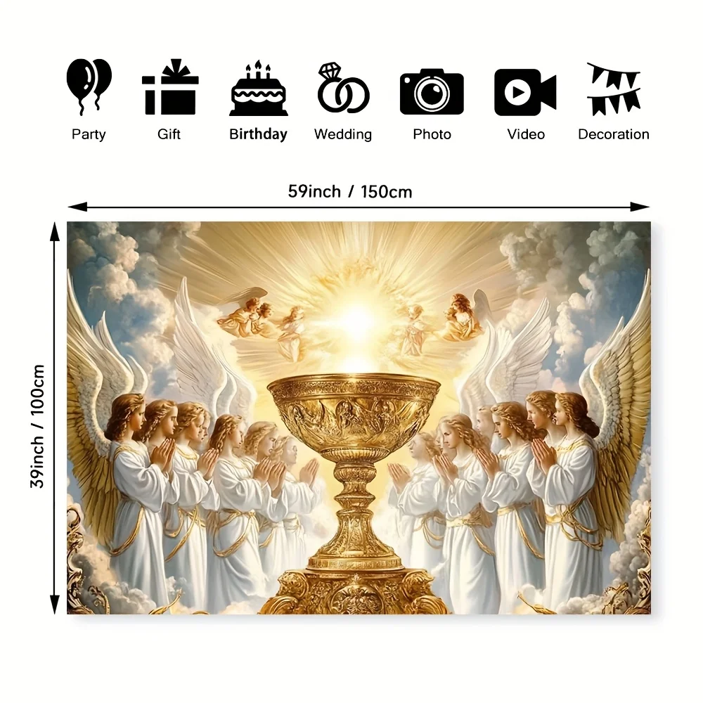 Holy Grail Tapestry Wall Hanging Religious Christian Art Angel Worship Golden Chalice Fabric Poster for Living Room Bedroom Home