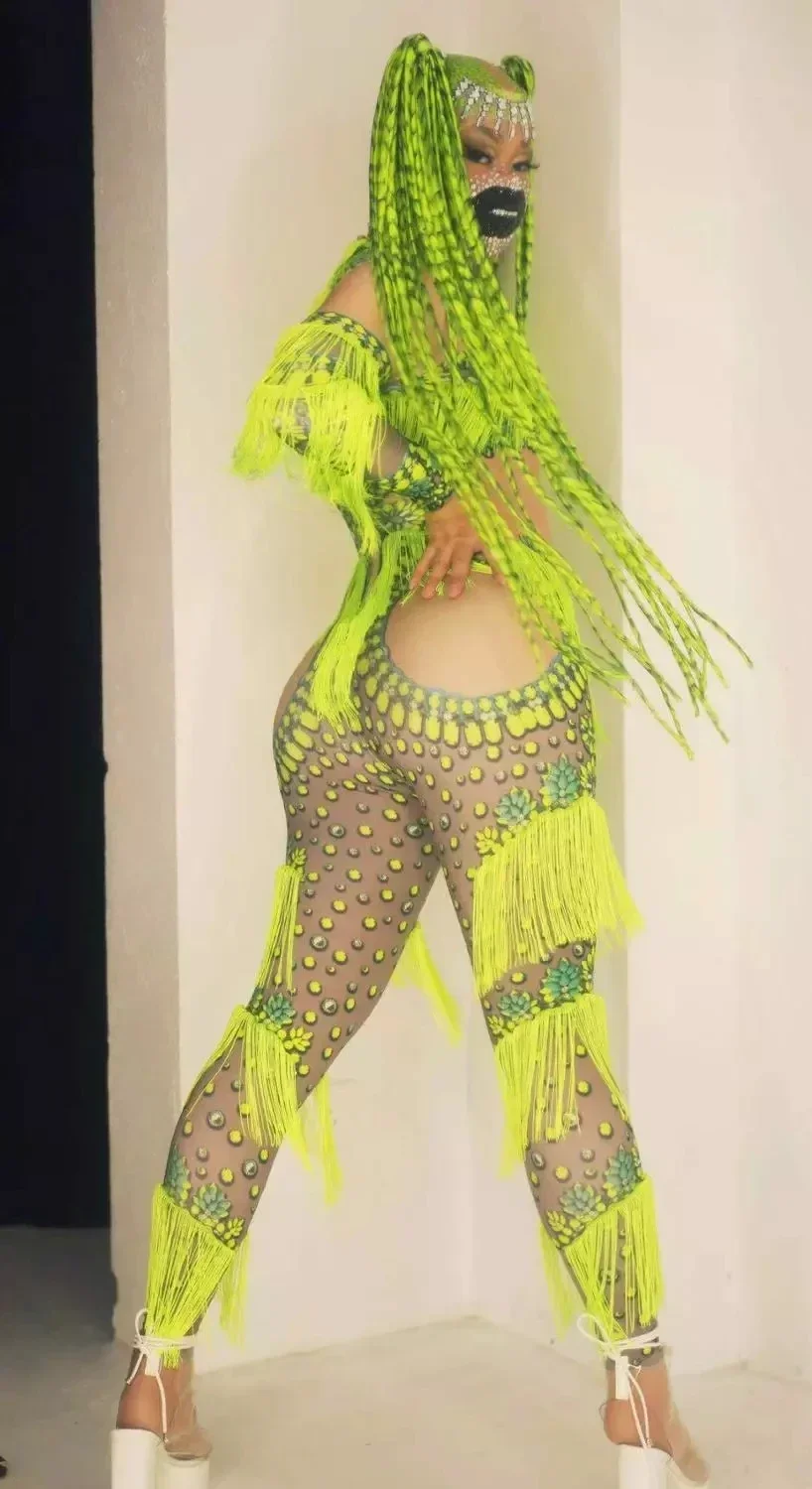 

Pole dance stage show ladybug bodysuit party show women dance green tassel jumpsuit dj costume american apparel