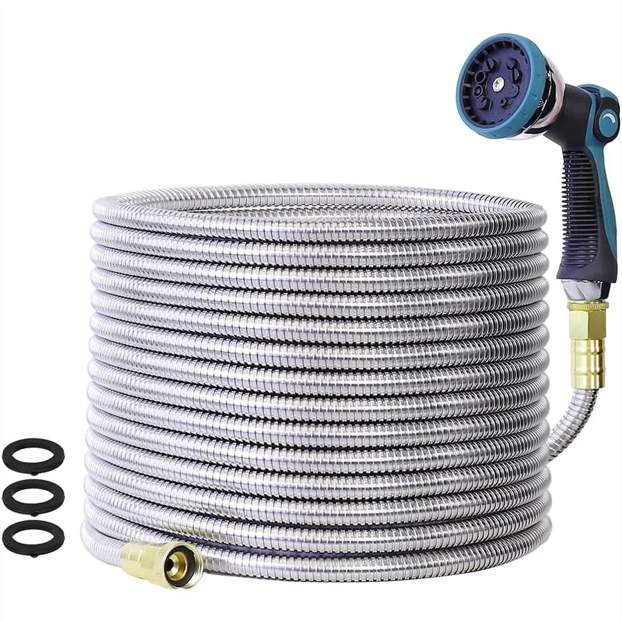 

75FT Garden Hose with 10-Mode Nozzle, Lightweight Stainless Steel Metal Water Hose, No Kink, 5/8" OD for Yard Lawn Outdoor Use