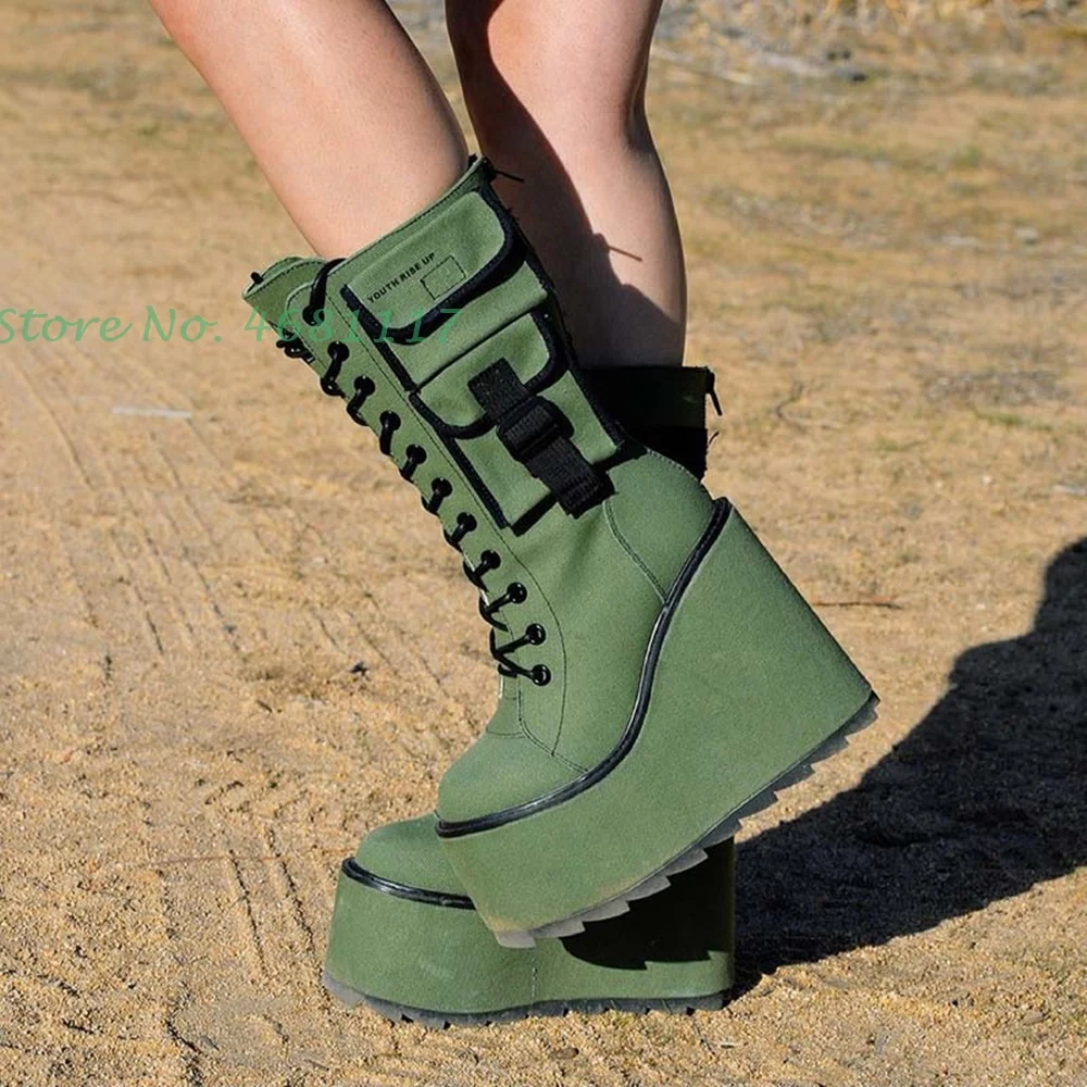

High Platform Green Wedge Boots Female Height Increasing Packet Decor Mid Calf Boots Women Round Toe Casual Outfit Spring Shoes
