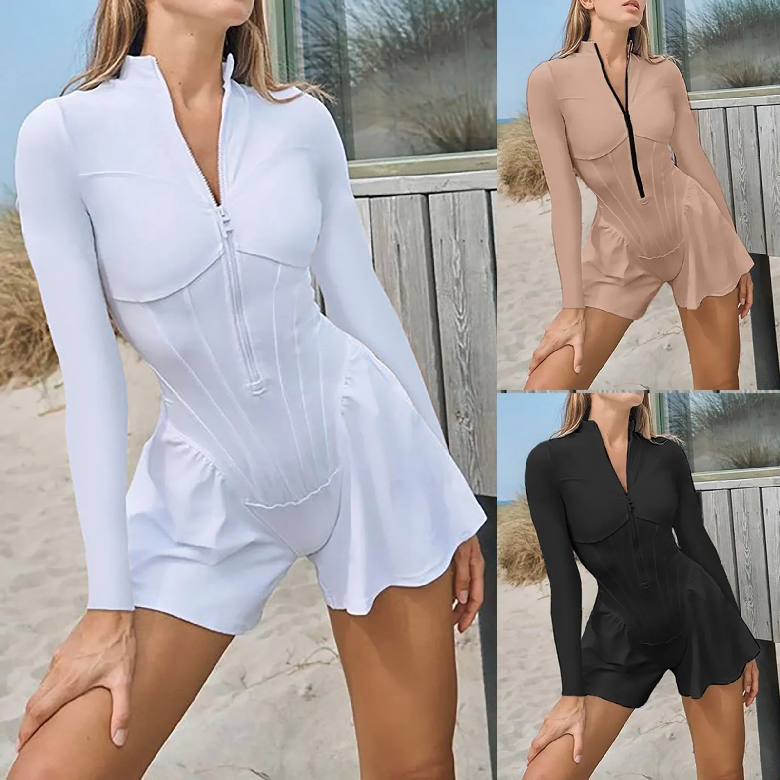 Women'S Sports Shorts Jumpsuit Long Sleeve Solid Color Casual with Zipper Bodycon Skinny Bodysuit Casual Basic Gym Jumpsuit