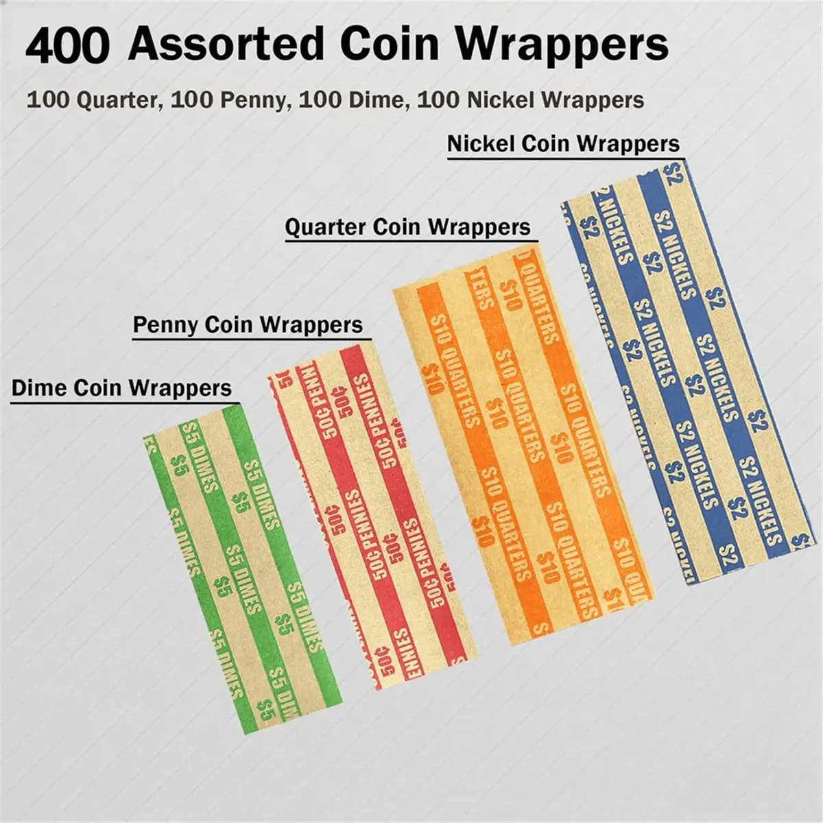Big Discount 400Pcs Coin Wrappers, 100 Each for Quarters, Pennies, Dimes, Nickels, Assorted Striped, Standard Size