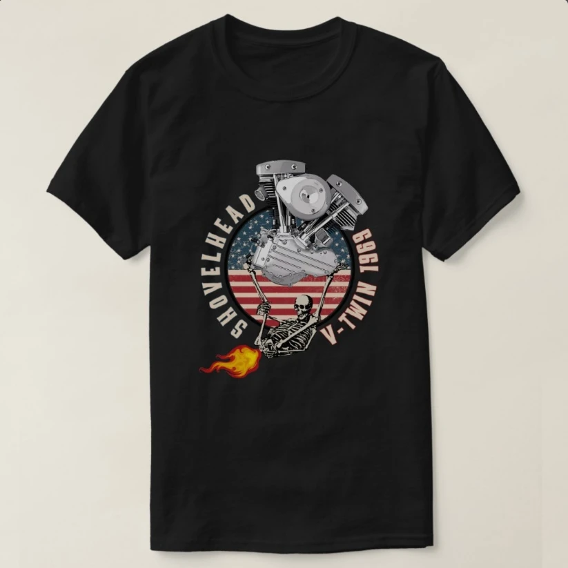 

1969 HD Shovelhead V-twin Engine Flame Мотоциклетная футболка из 100% хлопка с круглым вырезом и коротким рукавом Летняя повседневная мужская футболка Уличная одежда