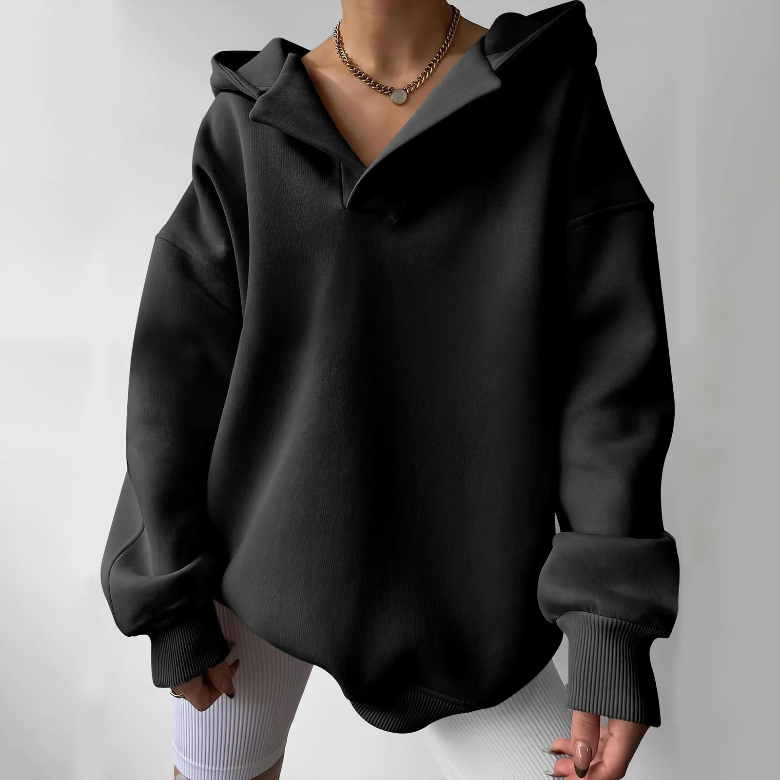 Spring Women Hoodie Grey Hooded Long Sleeve V-Neck Velvet Warm Sweatshirt Female Summer New Trendy Korean 2024 Ladies Clothes