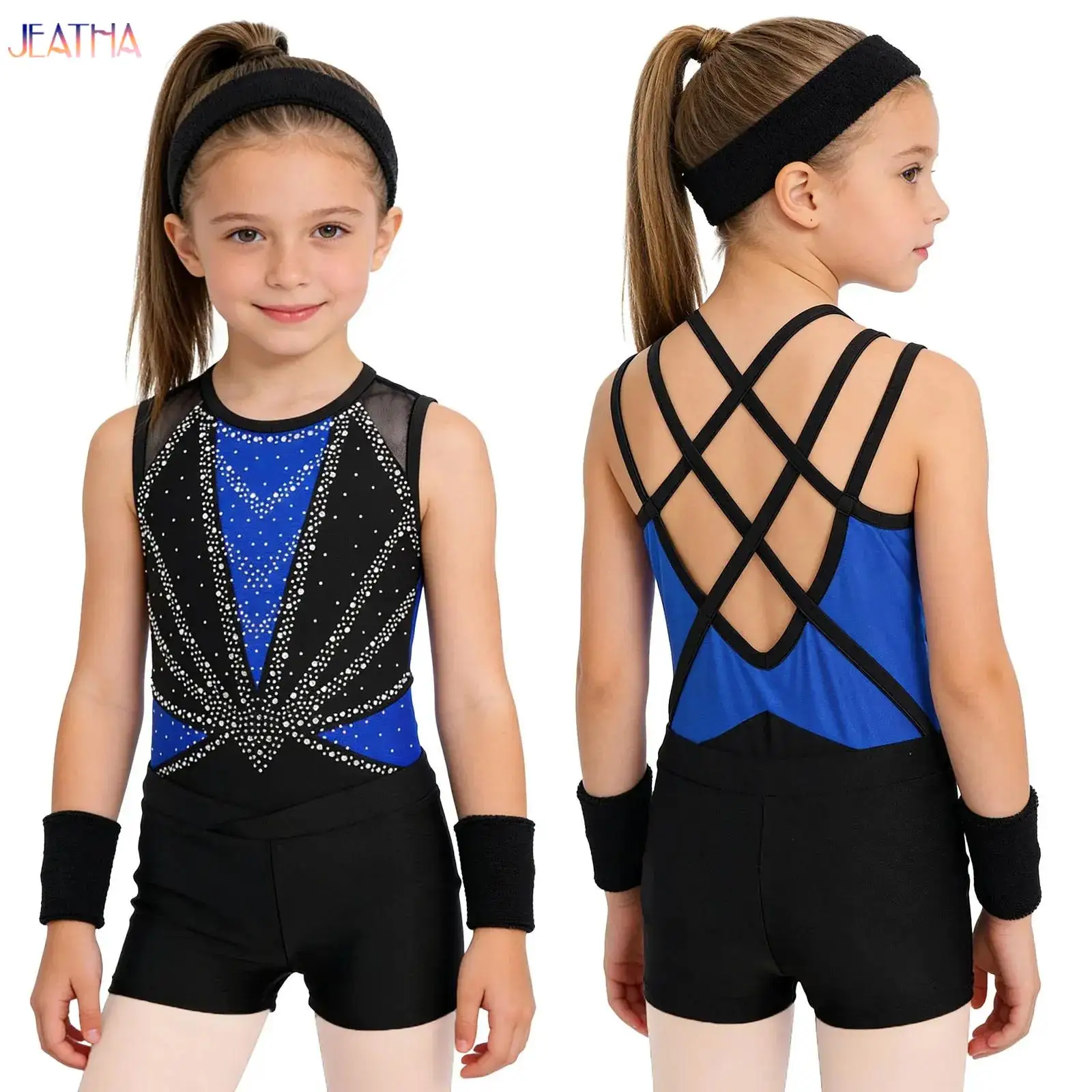 

Children Sports Suit Girls Figure Skating Costume Ballet Dance Acrobatics Gymnastics Yoga Bodysuit Shiny Rhinestones Leotard Set