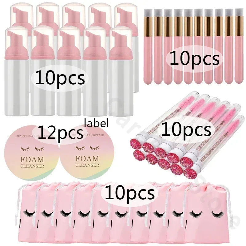 40PCS Cleaning Eyelash Set 60ML Empty Bottle Eyelash Shampoo Care Makeup Tool Plastic Foam Dispenser Bottle with 12pcs label