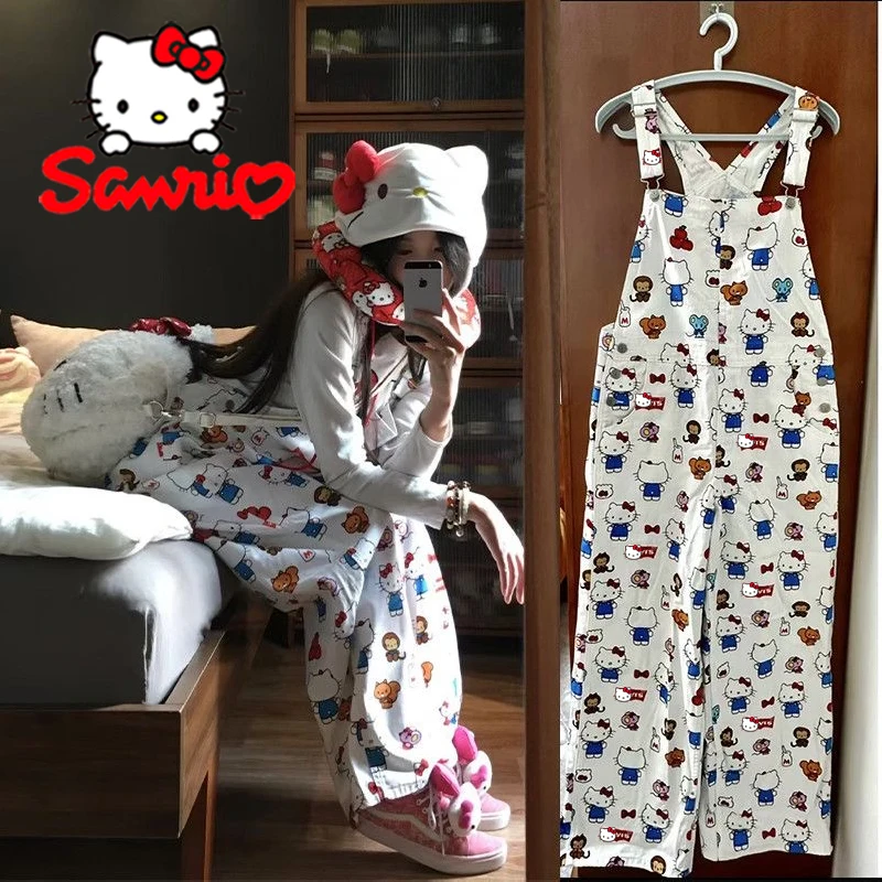 

Sanrio Hello Kitty Women Straps Jumpsuit Cartoon Cute Girls Loose Printed Jumpsuit Pants Summer Fashion Casual Wide Leg Pants