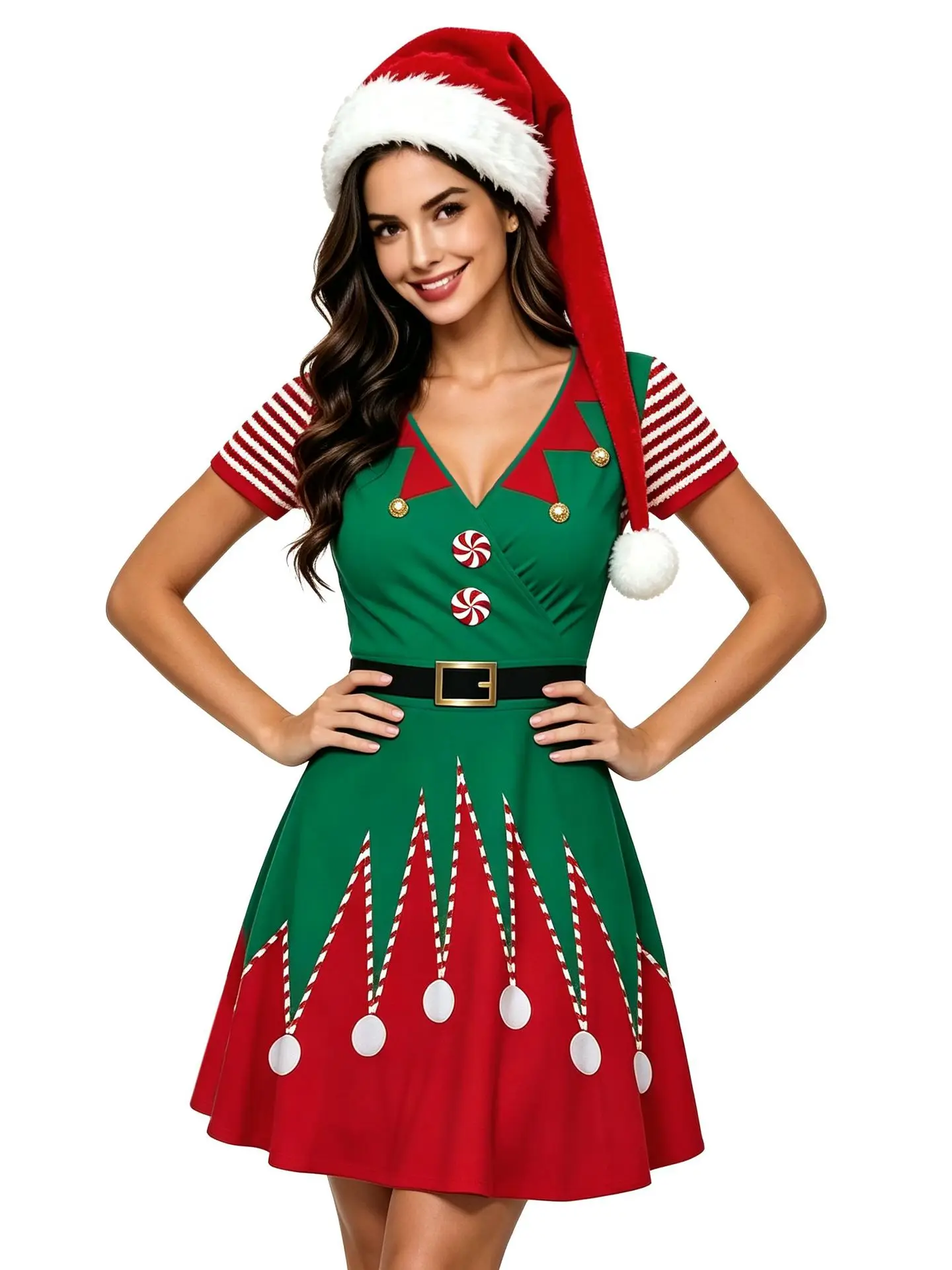 Weihnachts-Elfenkostüm für Damen, kurzärmelig, V-Ausschnitt, Taillengürtel, bedruckter ausgestellter Rock, Weihnachtsfeier, festliches Party-Cosplay-Kleid, Outfit 2026 – Detail 5