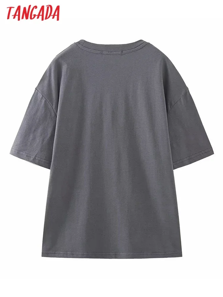 Tangada 2024 Women Beading Print Gray Cotton T Shirt Oversized Short Sleeve Ladies Shirt Wear Top 6H388