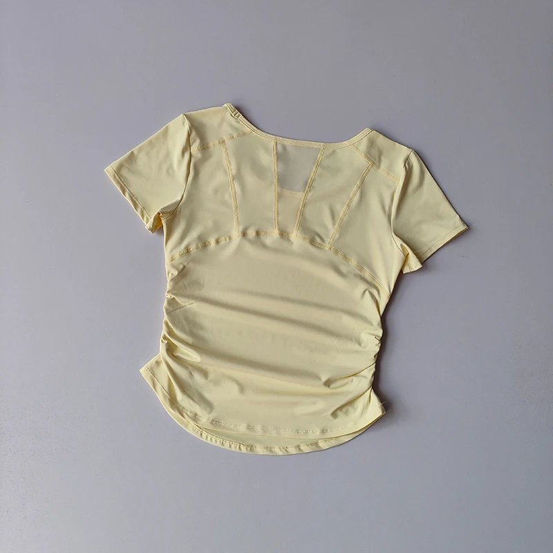 Sportliches Kurzarm-Sommer-Oberteil für Damen mit Taillenbetonung, Fitness-Trainings-Top mit Mesh-Einsätzen, atmungsaktiv, schnelltrocknend, Yoga-Anzug T-Shirt – Detail 8