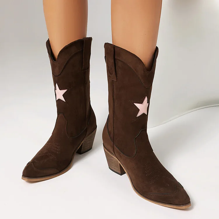 2026 Five-Pointed Star Suede Western Boots Pointed Toe Chunky Heel Women's Boots