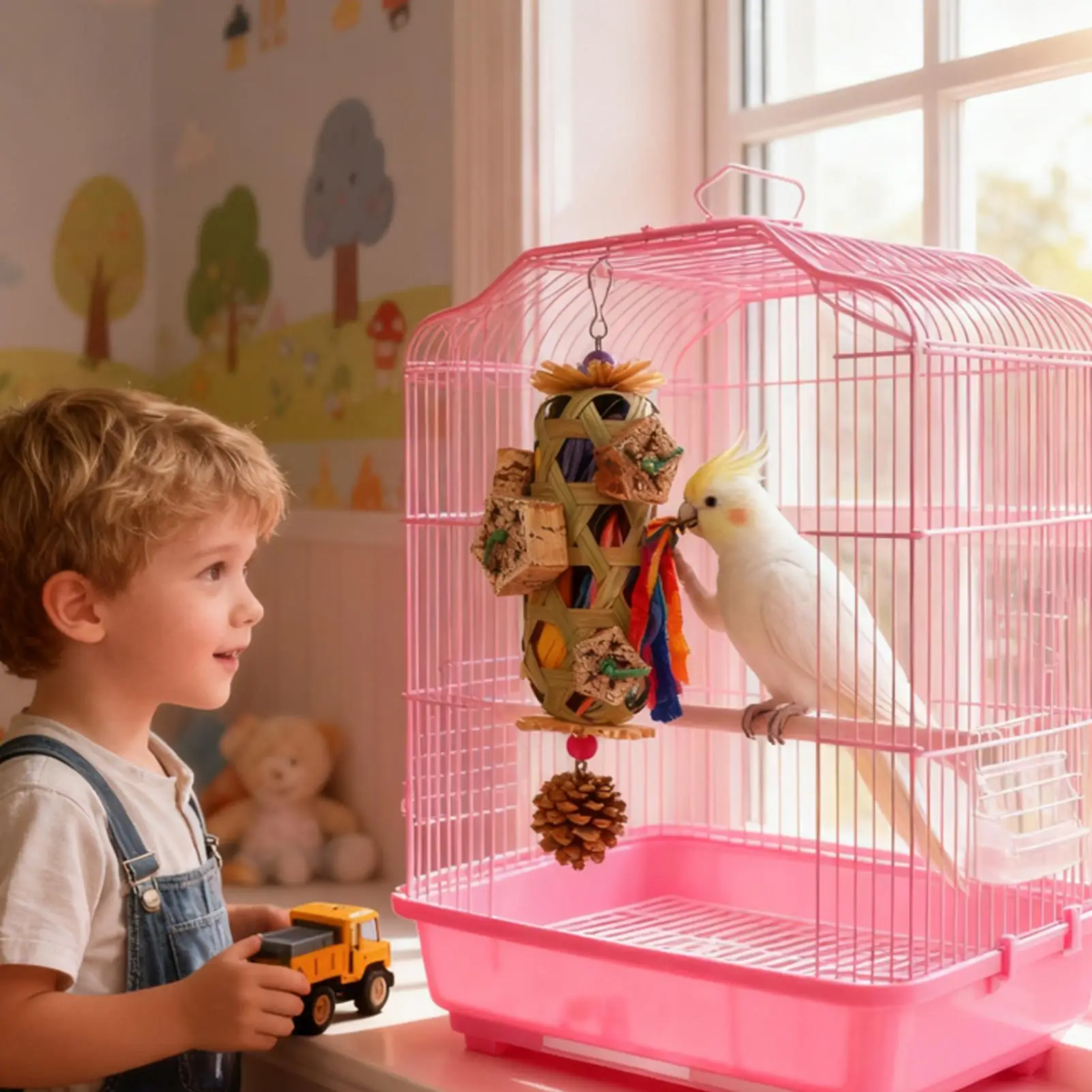 Papageien-Hängespielzeug, bissfestes Kauspielzeug für Haustier-Vögel, Futterkorb zum Suchen nach Nahrung, Zahnpflege- und Beißspielzeug ﻿ – Detail 6