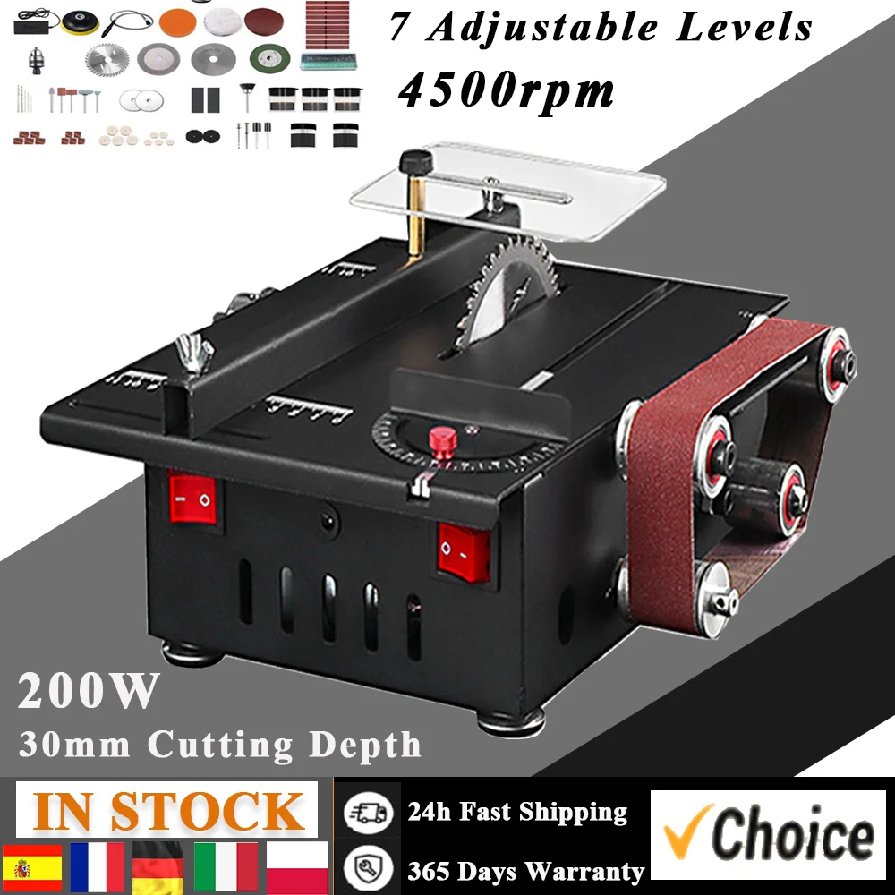 200W Mini Bench Saw and Belt Sander Variable Speed Circular Table Saw 30mm Cutting Depth DIY Benchtop Sanding Machine