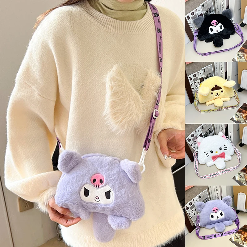 Sanrio-Bolso de felpa con dibujos animados, bolsa de almacenamiento de cosméticos, correa de hombro ajustable, Melody Cinnamoroll Kuromi, Hello Kitty