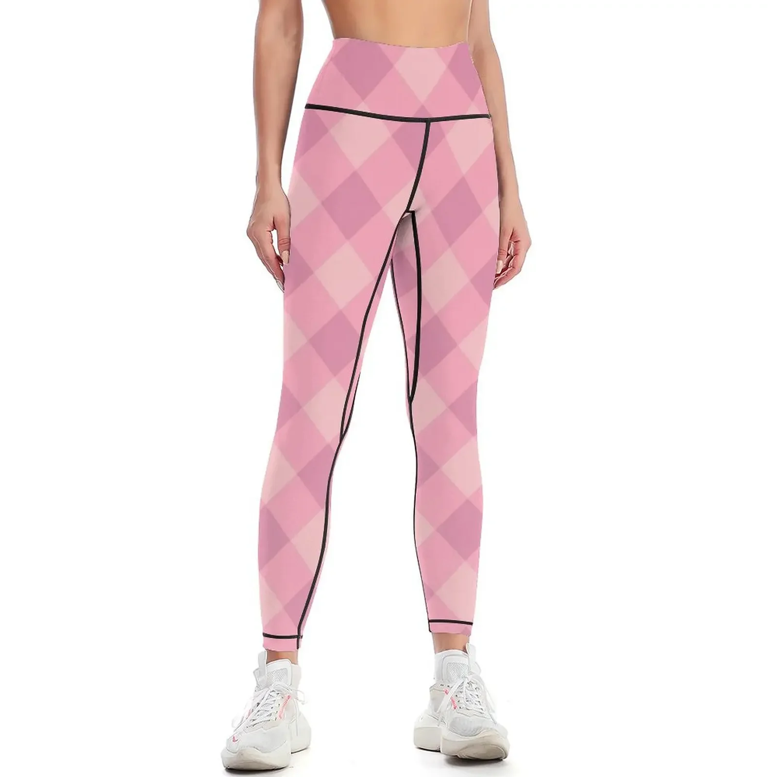 Pink Diagonal Gingham Checkered Pattern Leggings Fitness clothing trousers for physical workout clothes for Womens Leggings