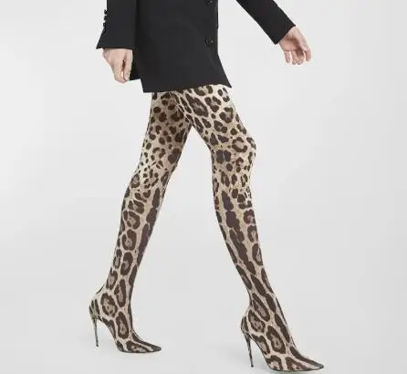 

Sexy Women Leopard Snakeskin Pointed Toe Over The Knee Boots Female Stiletto Heels Slim Thigh Long Socks Boots Shoes Lady