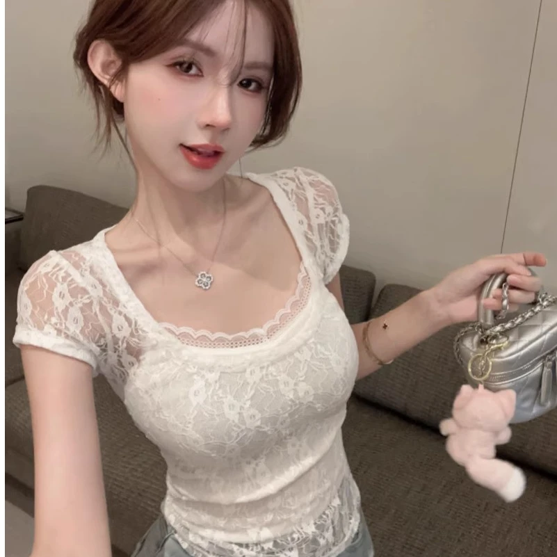 

Футболка Pure Desire Spicy Girl с квадратным воротником и кружевом ort Sve, женский модный летний дизайн, утягивающий топ или длина