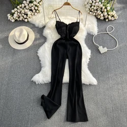 Women's Black Spaghetti Strap Jumpsuits V Neck Sleeveless Casual High Waist Wide leg Flare Pant Solid Sexy Jumpsiut Female