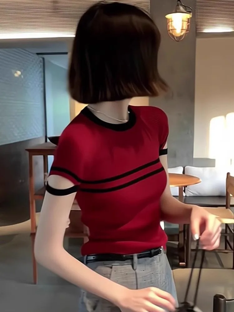 

Women's round Ne ort Sve Ice Silk Knitted Base irt Faionable Inner Wear Summer New Sle Design Sense Top